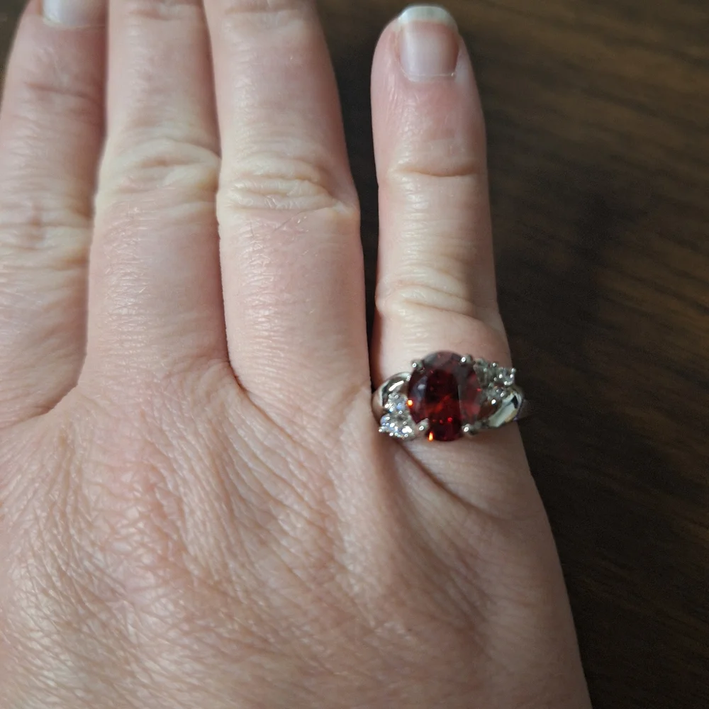 Red Swarovski Crystal Oval Statement Ring Silver Tone